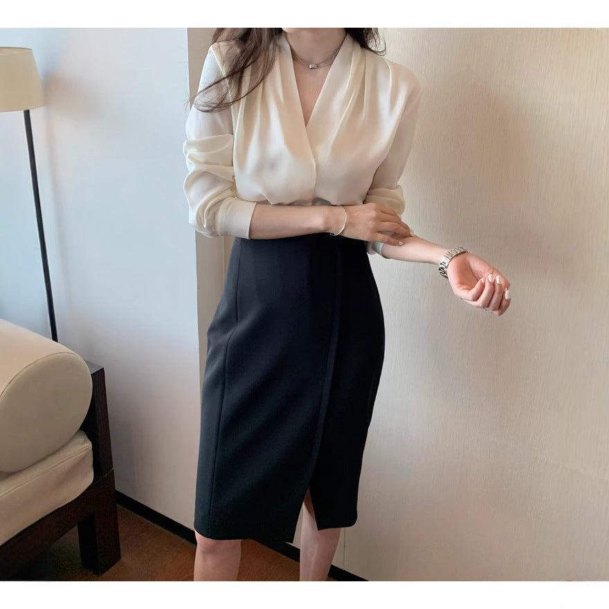 5 Spring And Autumn V-neck White Shirt Women's Long Sleeve