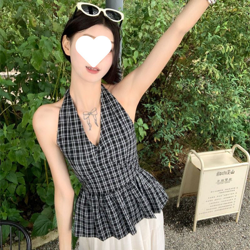 Retro Plaid V-neck Lace-up Halter Sleeveless Shirt