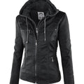 Women's Detachable Lapel Long Sleeve Solid Color Zipper Leather Jacket Coat