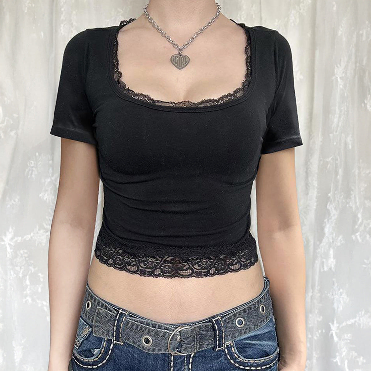 Y2g Solid Color Lace U-neck Sexy Midriff-baring Short Sleeve Top T-shirt Women's Clothing