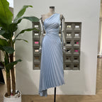 One-shoulder Pleated Hollowed-out Midriff Outfit Irregular Skirt For Women Dress